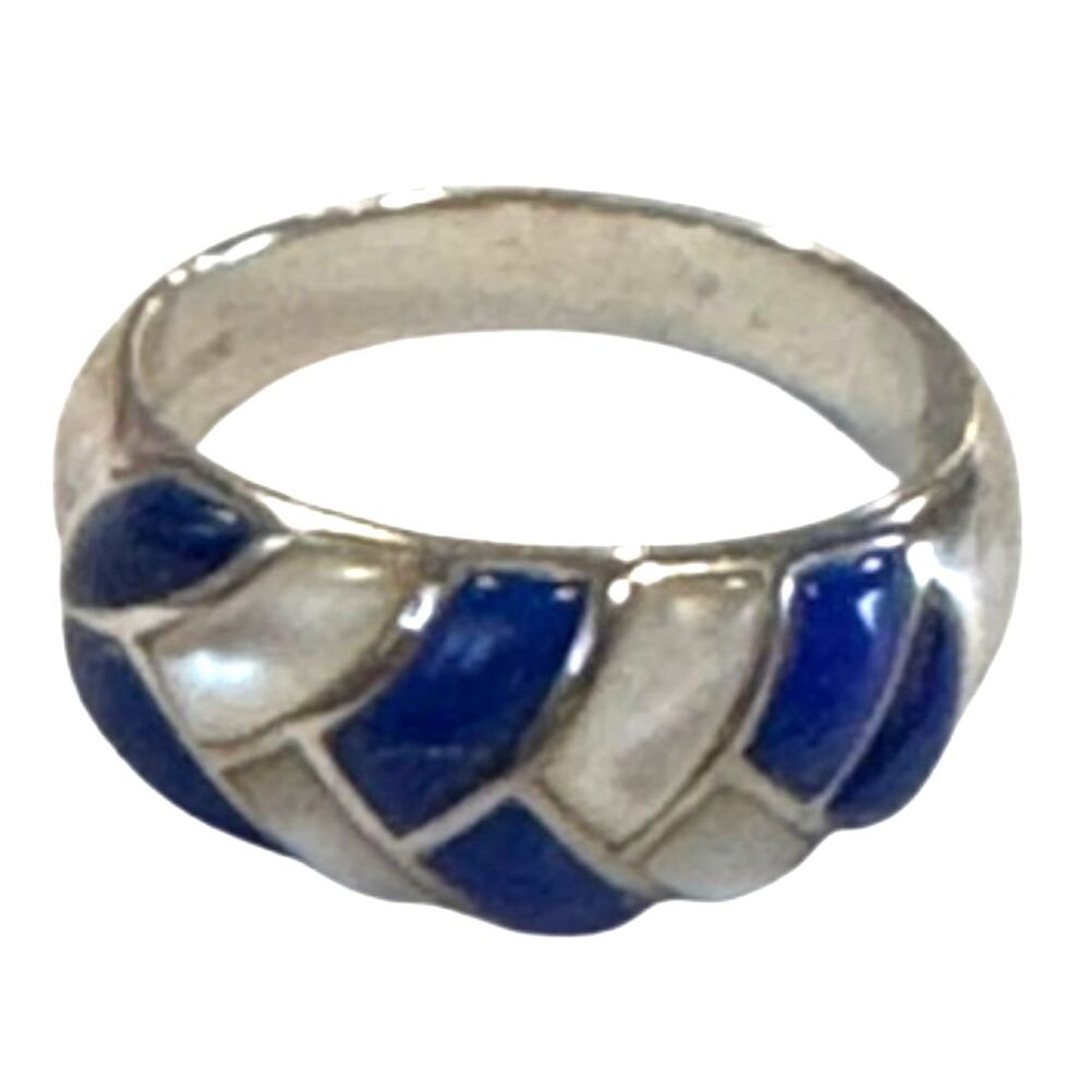 S&G 925 Sterling Silver Lapis & Mother of Pearl Mosaic Geometric Statement Ring